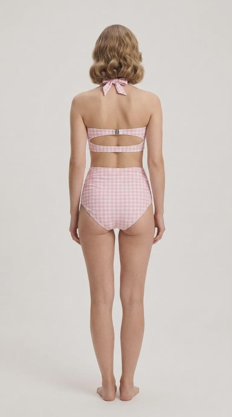 Retro Sweetheart High-Waist Bikini, Vintage-Inspired Checker Pin Up Halter Swimsuit, Pink Gingham