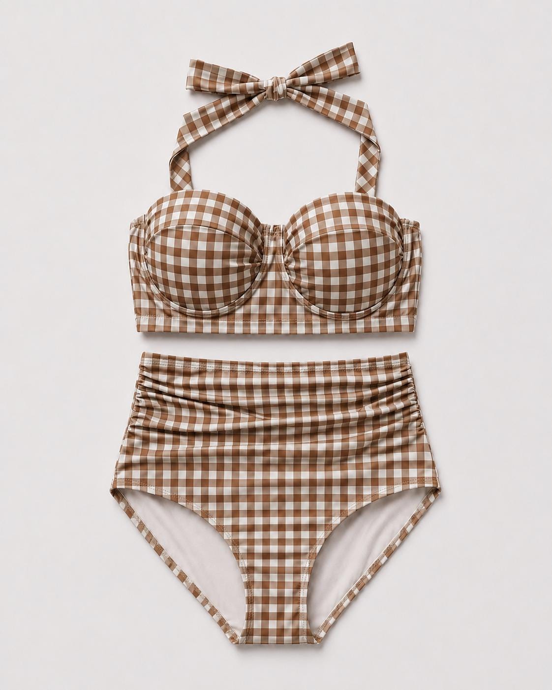 Coquette Vintage-Inspired High-Waist Bikini, Retro Pin-Up 50s Gingham Halter Two-Piece Swimsuit, Chocolate Brown