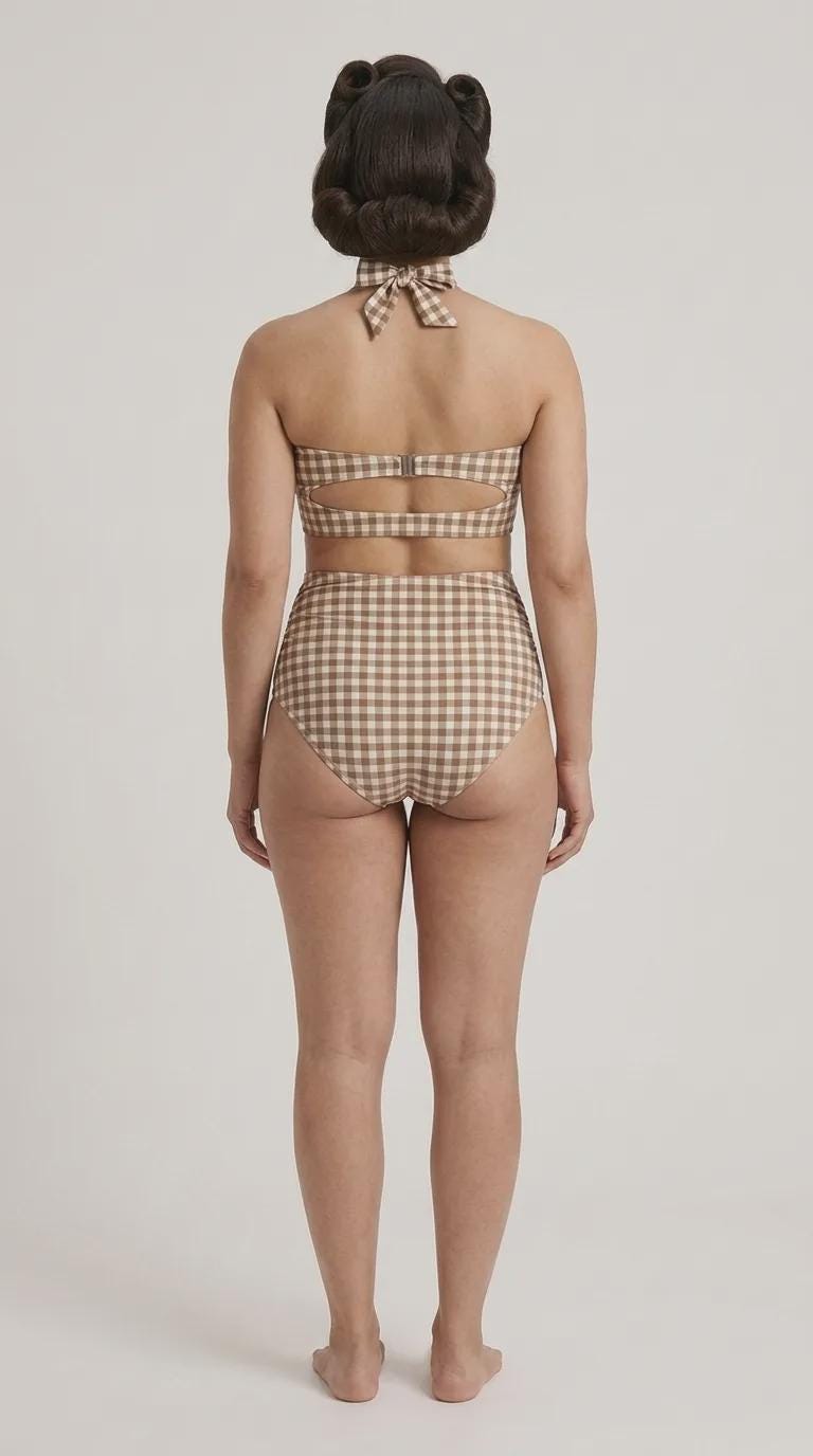 Coquette Vintage-Inspired High-Waist Bikini, Retro Pin-Up 50s Gingham Halter Two-Piece Swimsuit, Chocolate Brown
