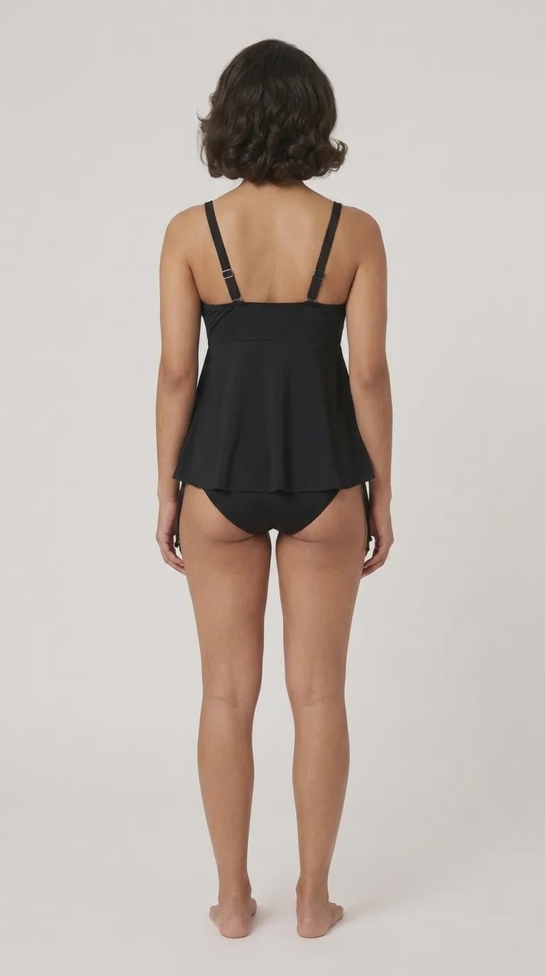 Black Adjustable Drawstring Tankini Swim Dress | Split Two-Piece Retro Swimsuit