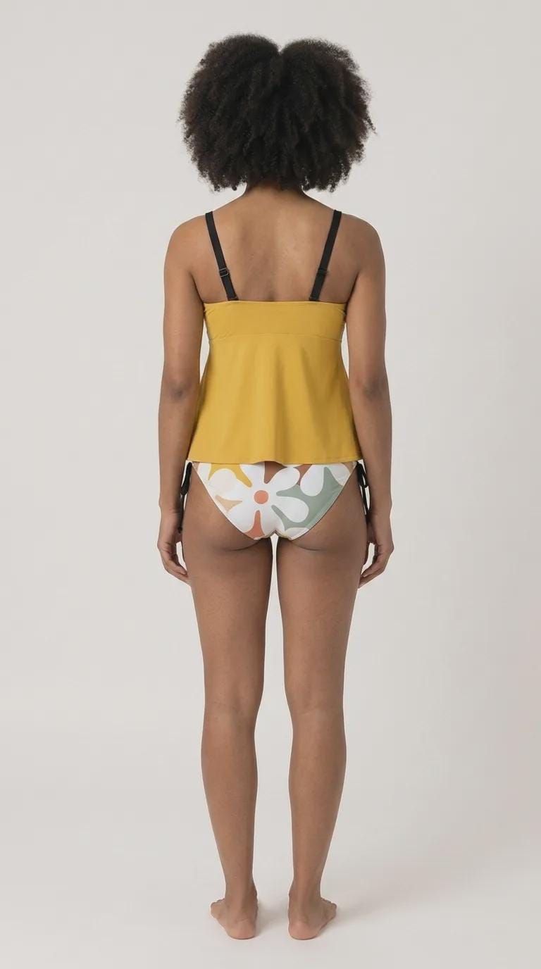 Mustard Yellow Floral Adjustable Drawstring Tankini Swim Dress | Split Two-Piece Retro Swimsuit