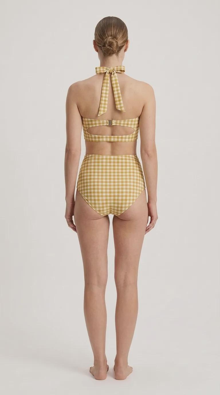 Retro Sweetheart High-Waist Bikini, Vintage-Inspired Checker Pin Up Halter Swimsuit, Mustard Yellow Gingham