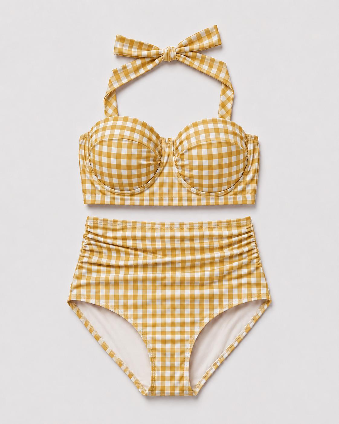 Retro Sweetheart High-Waist Bikini, Vintage-Inspired Checker Pin Up Halter Swimsuit, Mustard Yellow Gingham