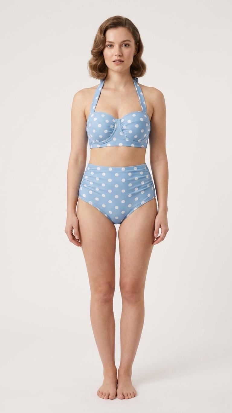 Retro Sweetheart High-Waist Bikini, Vintage-Inspired Checker Pin Up Halter Swimsuit, Blue Polka Dot