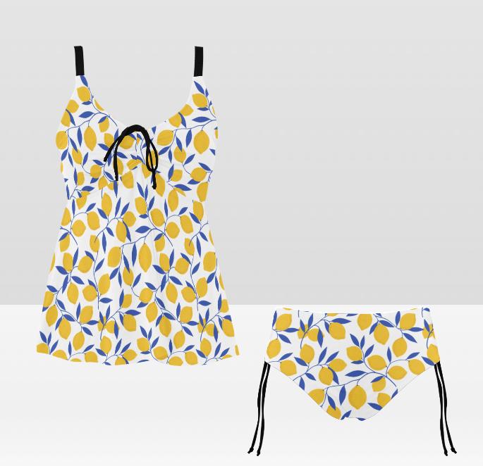 Mediterranean Lemons Adjustable Drawstring Tankini Swim Dress | Split Two-Piece Retro Swimsuit