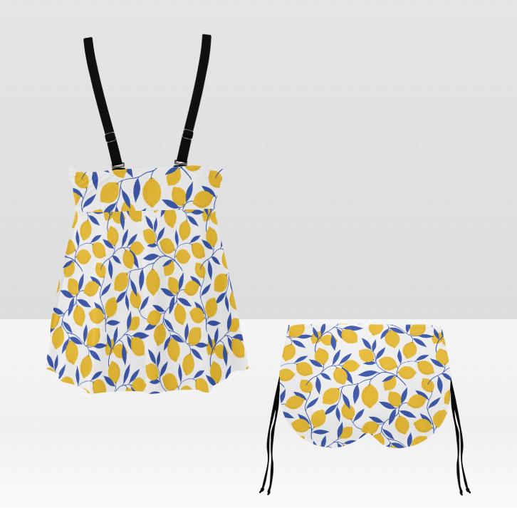 Mediterranean Lemons Adjustable Drawstring Tankini Swim Dress | Split Two-Piece Retro Swimsuit