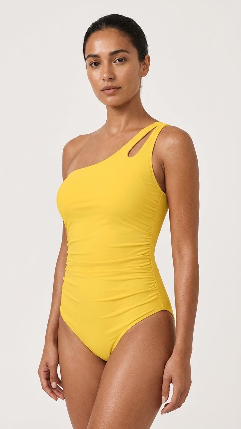 Retro One Shoulder Ruched Swimsuit with Keyhole Strap, Vintage-Inspired One-Piece, Yellow