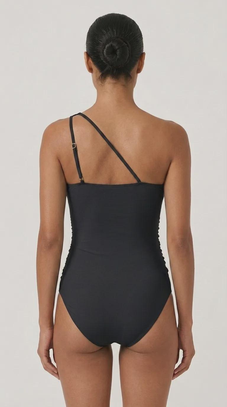 Retro One Shoulder Ruched Swimsuit with Keyhole Strap, Vintage-Inspired One-Piece, Black