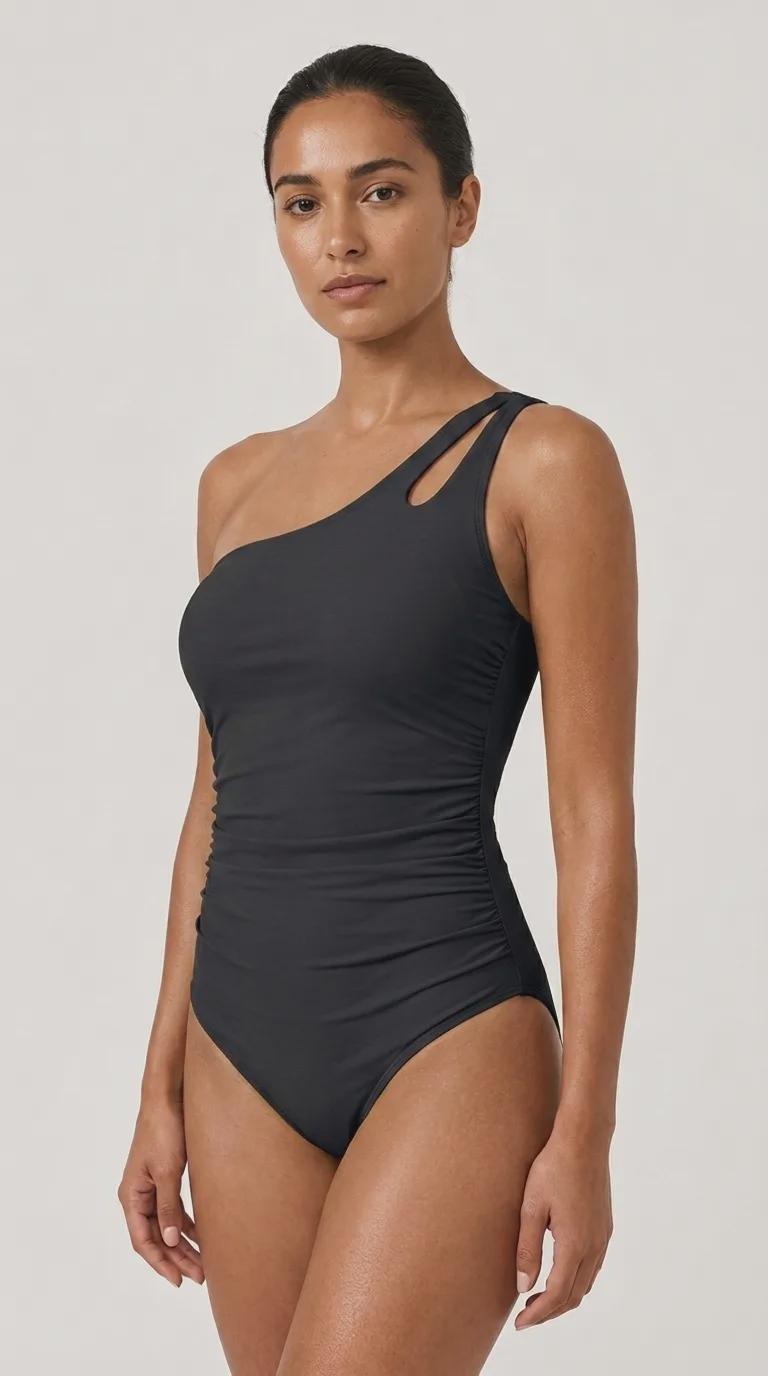 Retro One Shoulder Ruched Swimsuit with Keyhole Strap, Vintage-Inspired One-Piece, Black