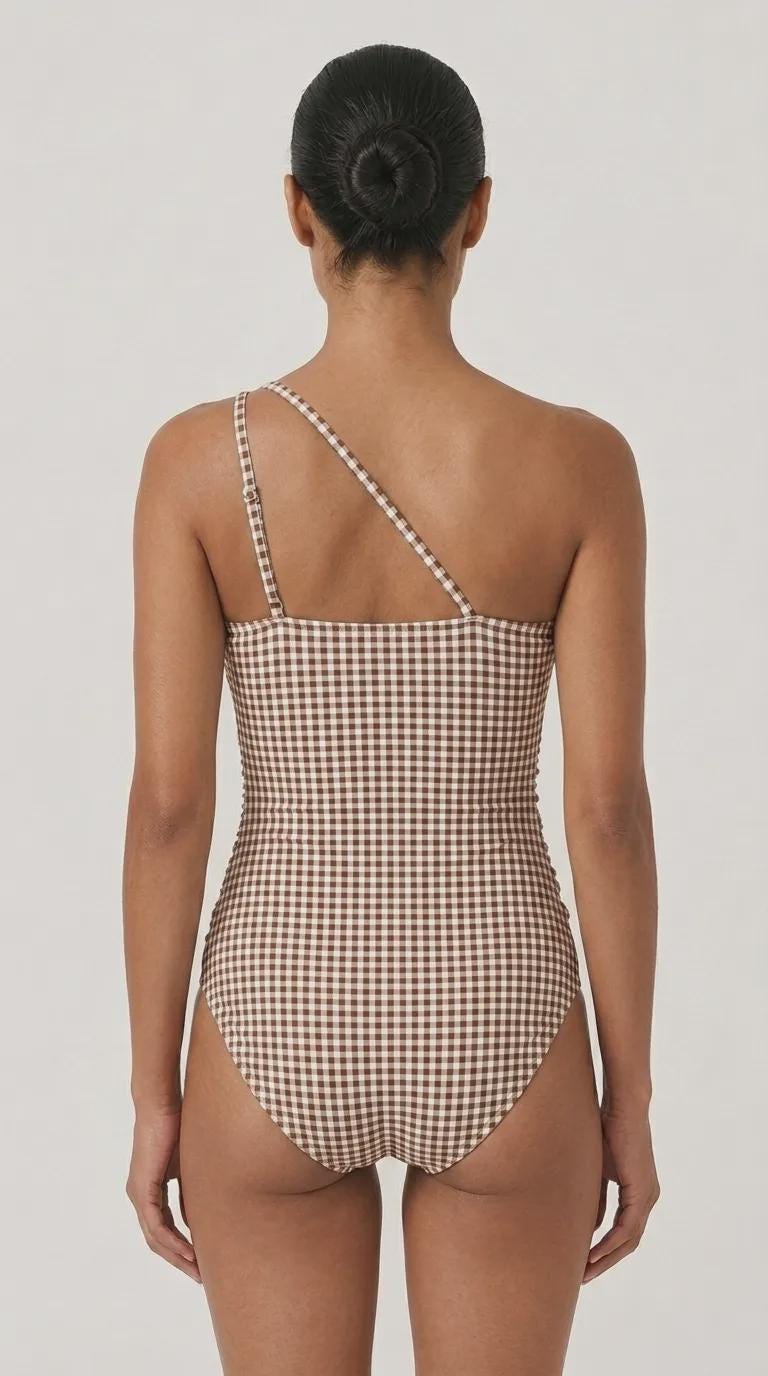 Retro One-Shoulder Ruched Swimsuit, Keyhole Strap & Tummy Control, Vintage-Inspired One-Piece, Brown Gingham