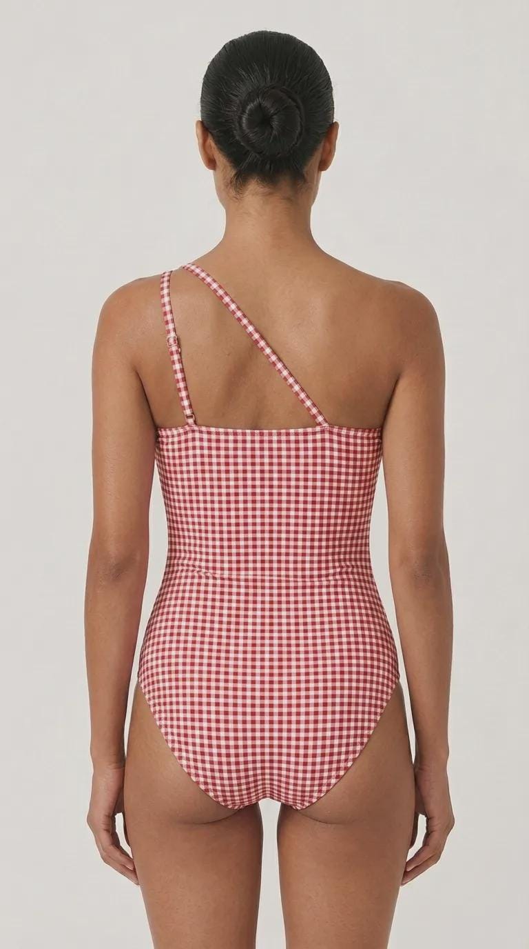 Retro One-Shoulder Ruched Swimsuit, Keyhole Strap & Tummy Control, Vintage-Inspired One-Piece, Red Gingham