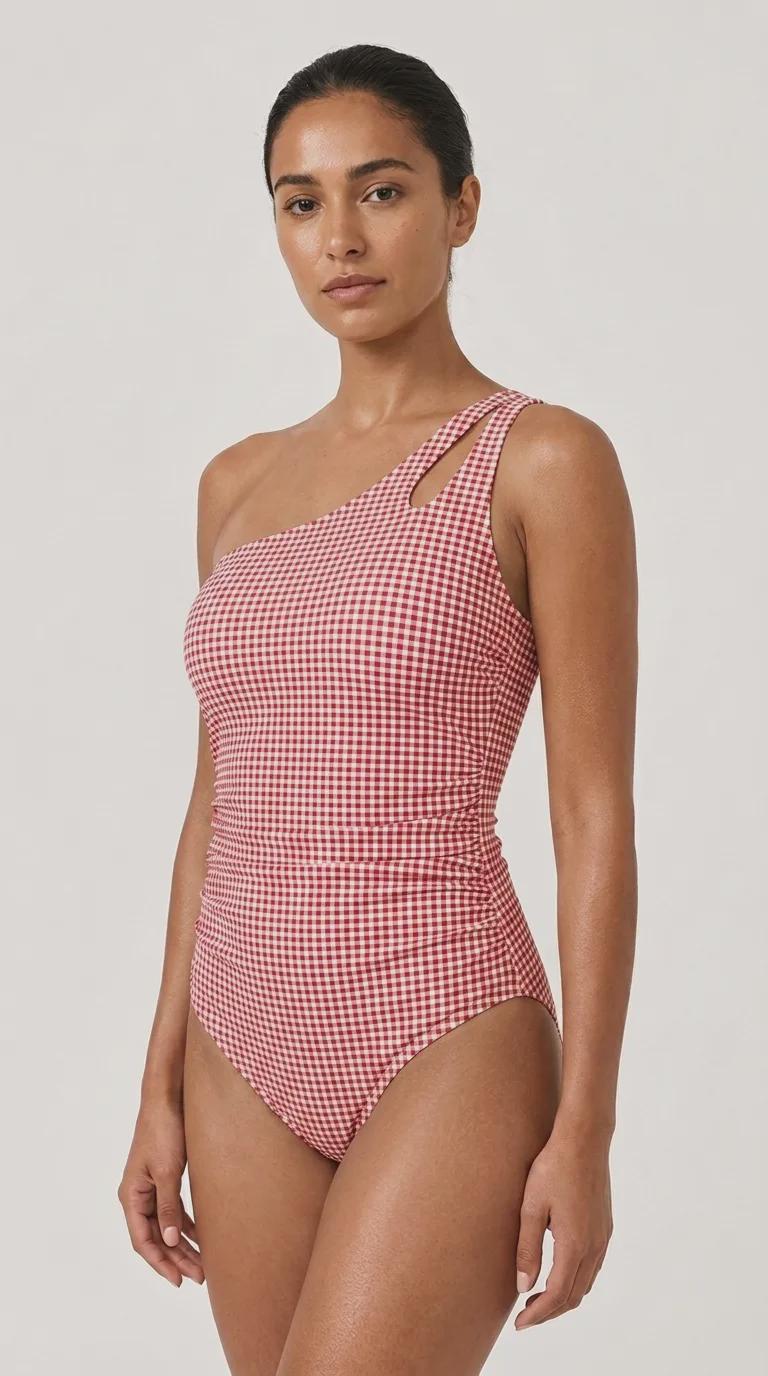 Retro One-Shoulder Ruched Swimsuit, Keyhole Strap & Tummy Control, Vintage-Inspired One-Piece, Red Gingham