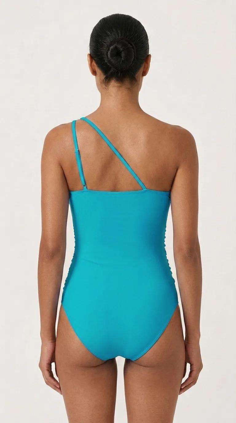 Retro One Shoulder Ruched Swimsuit with Keyhole Strap, Vintage-Inspired One-Piece, Azure Blue