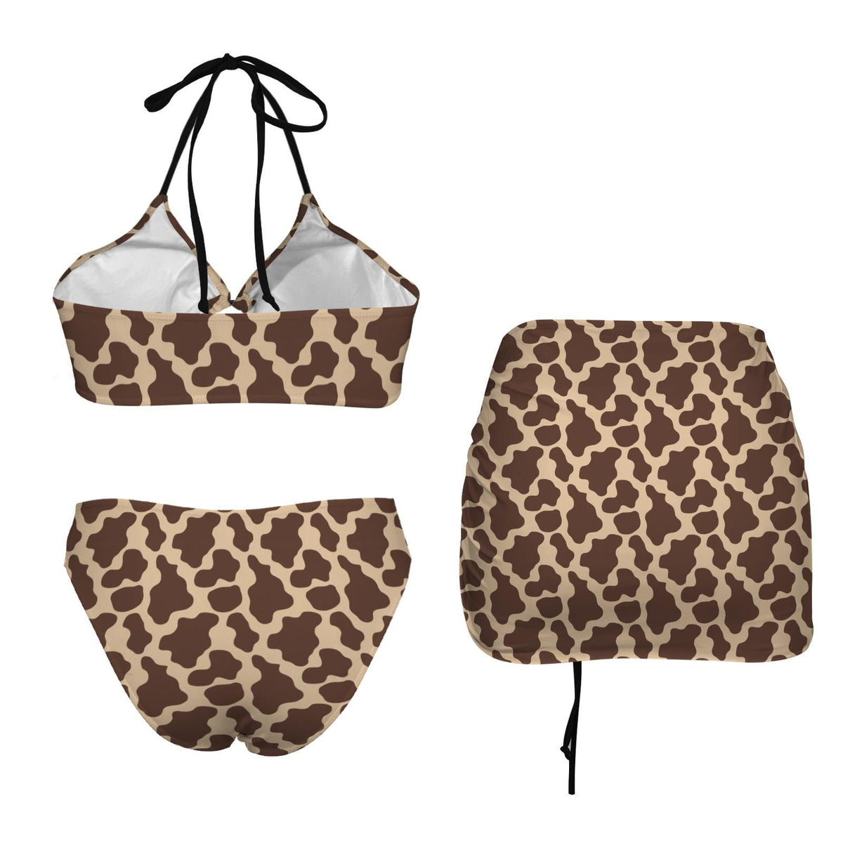 Halter Drawstring Three-Piece Swimsuit with Beach Skirt, Pin-Up Retro Vibe, 1970s Brown Cowhide Print