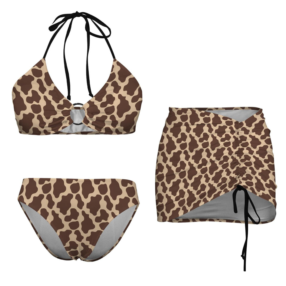 Halter Drawstring Three-Piece Swimsuit with Beach Skirt, Pin-Up Retro Vibe, 1970s Brown Cowhide Print