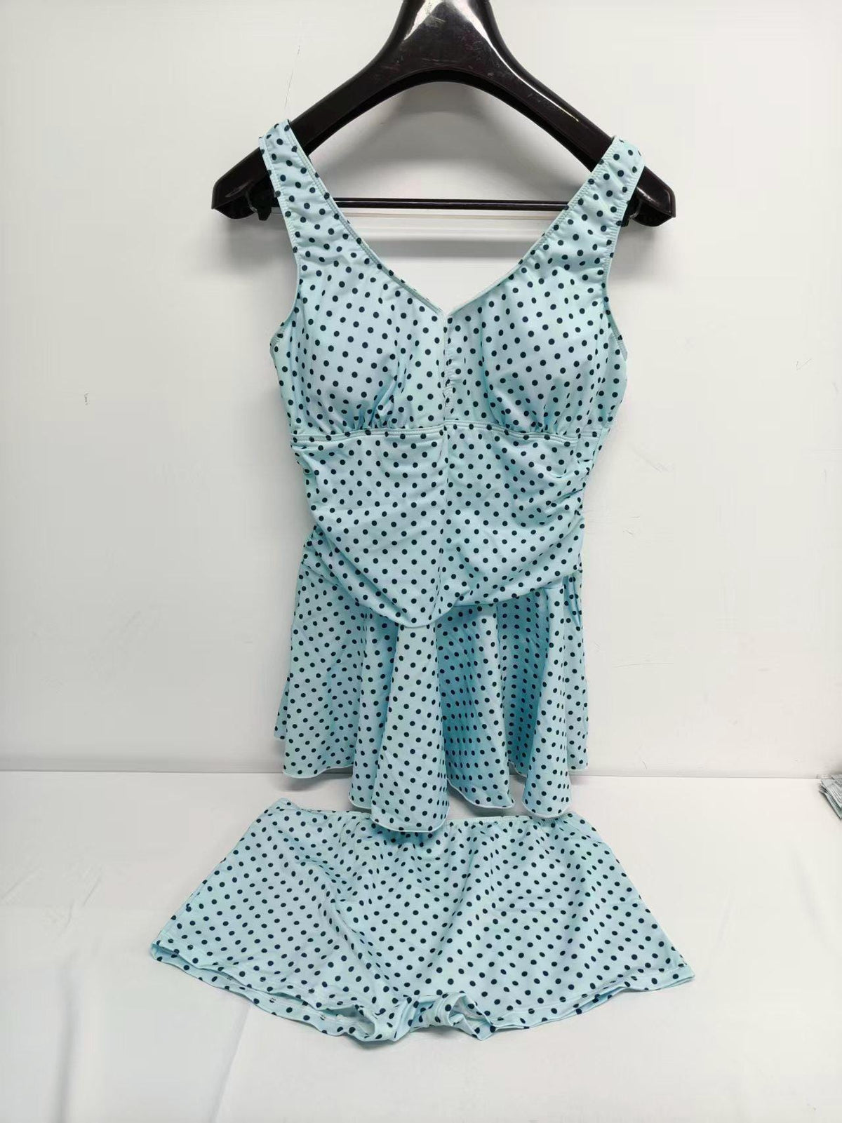 Retro Pleated Swim Dress with Matching Bottoms, Vintage-Inspired Modest Tankini, Blue Polka-Dot