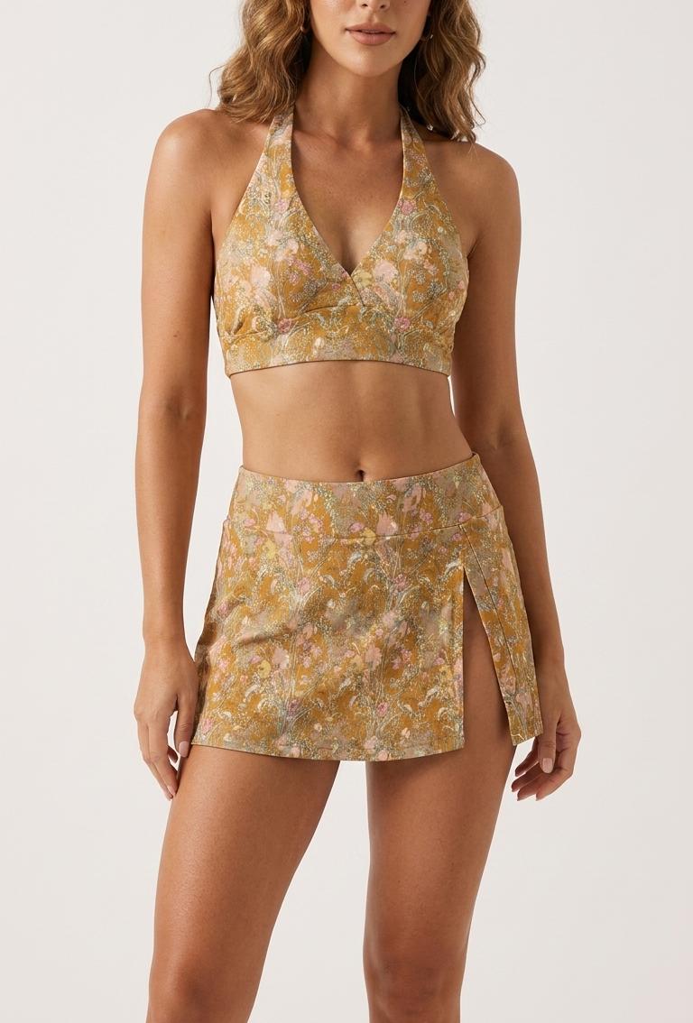 Ochre Vintage Art Nouveau Florals Retro Halter Tankini Skort Swim Set -Integrated Bottoms