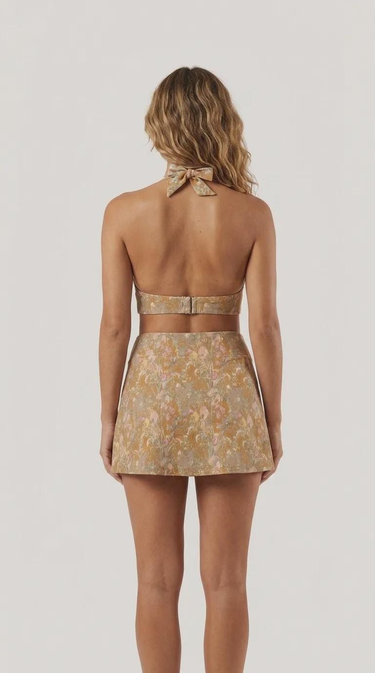 Ochre Vintage Art Nouveau Florals Retro Halter Tankini Skort Swim Set -Integrated Bottoms