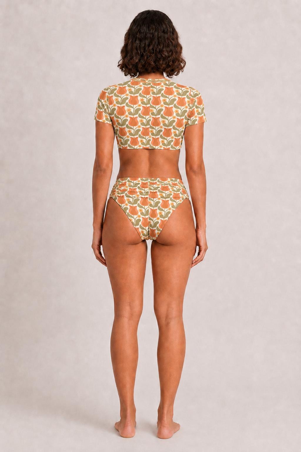 Swim Shirt Bikini with Ruched Detail | Crop-Top Rash-Guard Retro Florals Swimsuit Set