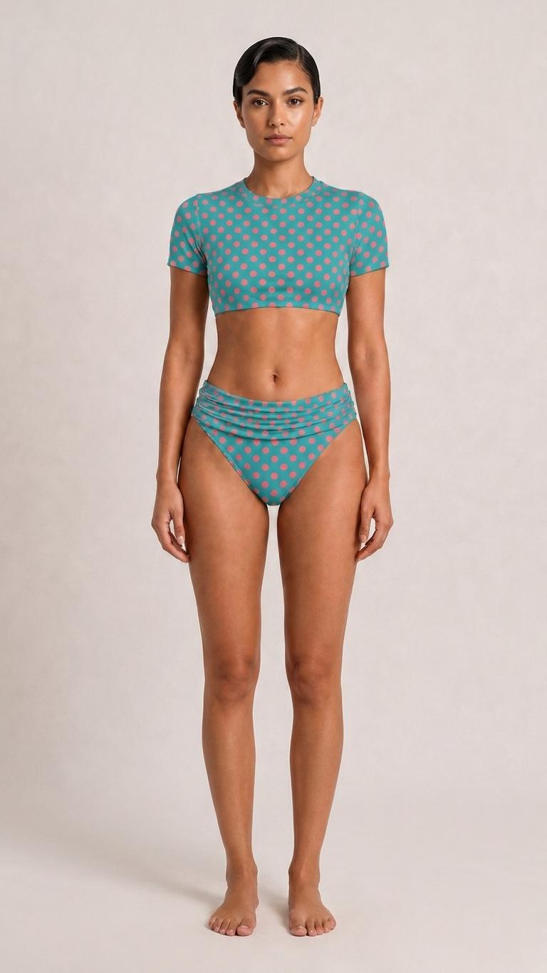 Swim Shirt Bikini with Ruched Detail | Crop-Top Rash-Guard Blue & Pink Polka-Dot Swimsuit Set