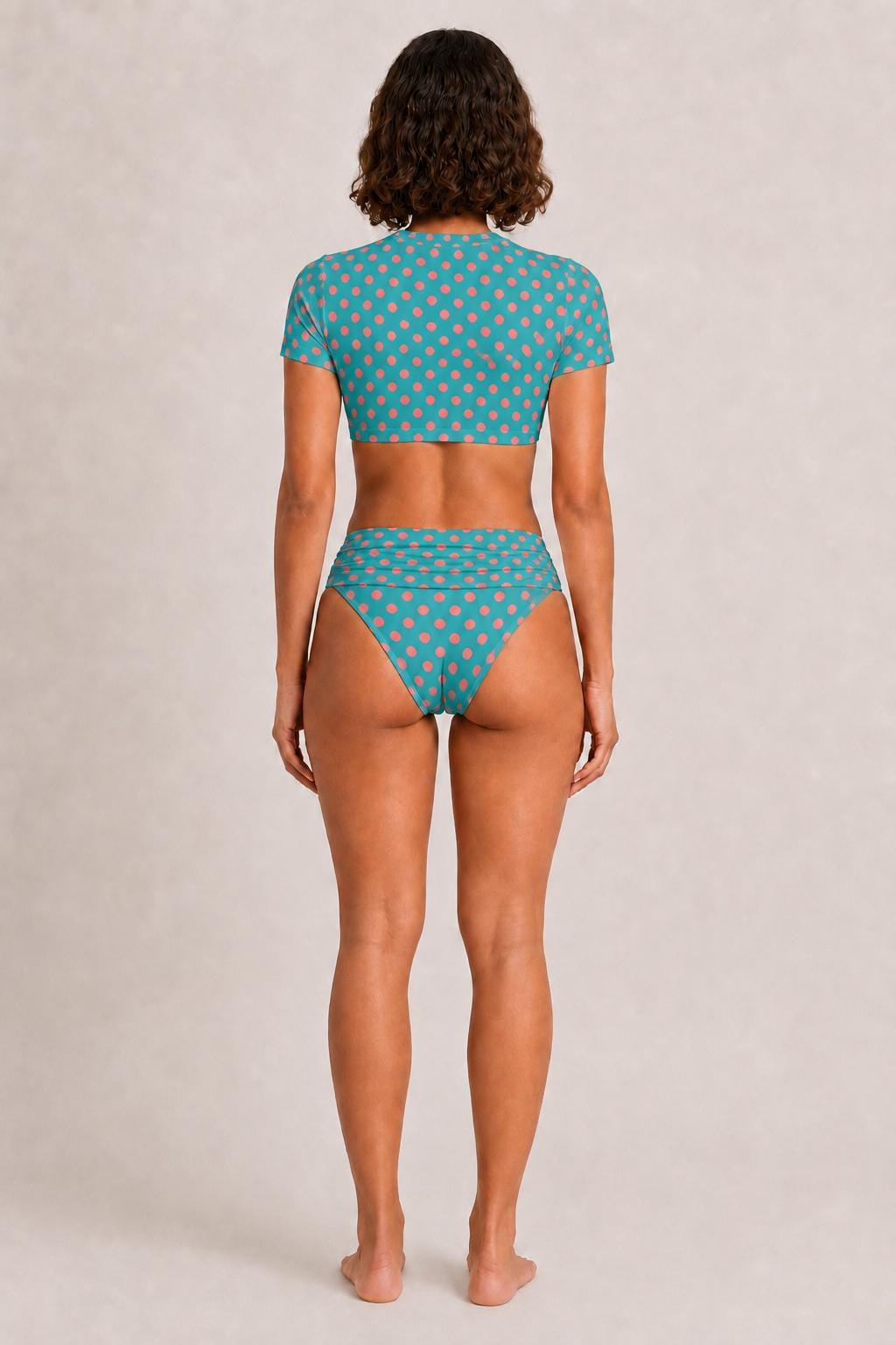 Swim Shirt Bikini with Ruched Detail | Crop-Top Rash-Guard Blue & Pink Polka-Dot Swimsuit Set