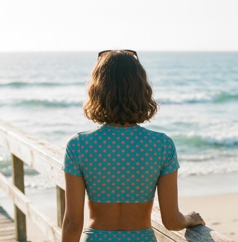 Swim Shirt Bikini with Ruched Detail | Crop-Top Rash-Guard Blue & Pink Polka-Dot Swimsuit Set