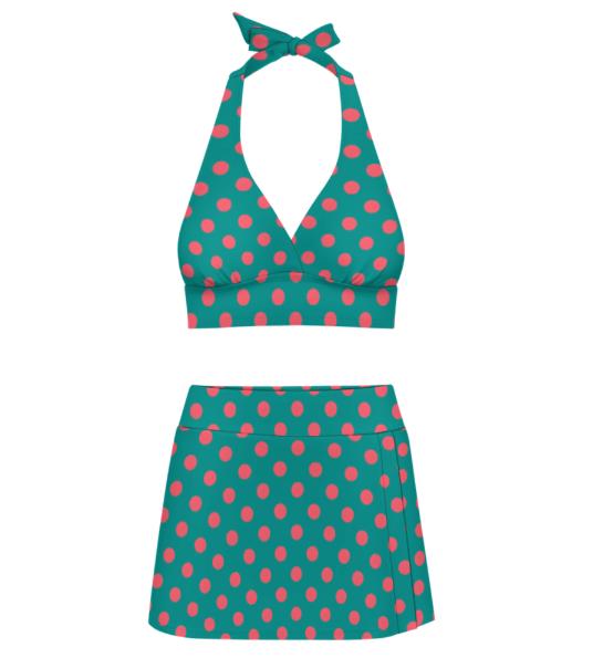 Blue & Pink Polka Dot Retro Halter Tankini Skort Swim Set with Integrated Bottoms