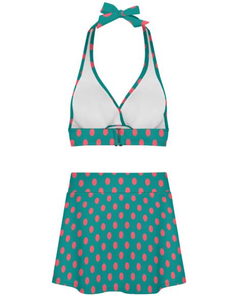Blue & Pink Polka Dot Retro Halter Tankini Skort Swim Set with Integrated Bottoms