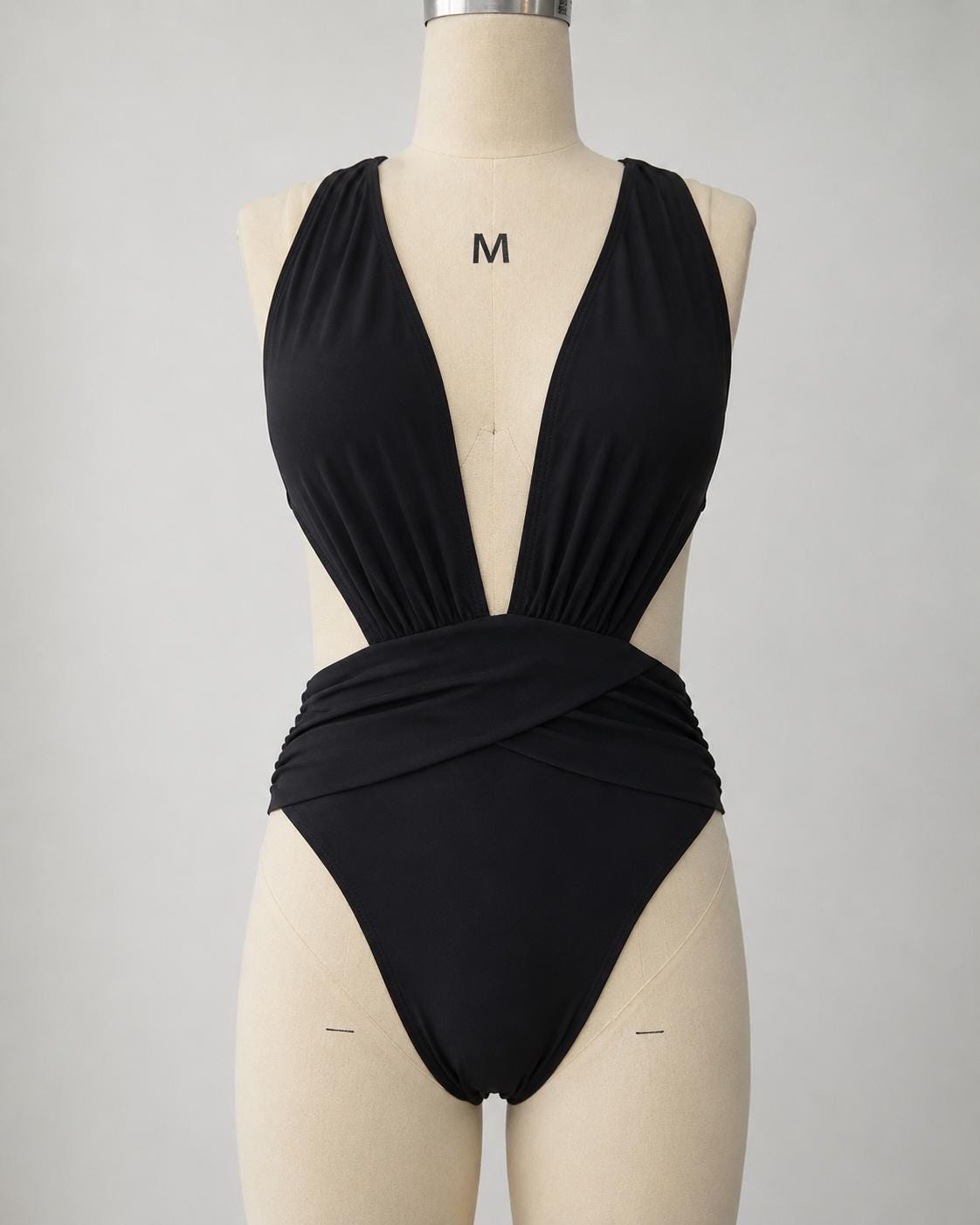 Black Deep Plunge Low Back Swimsuit – Crossover Back, Ruched Details