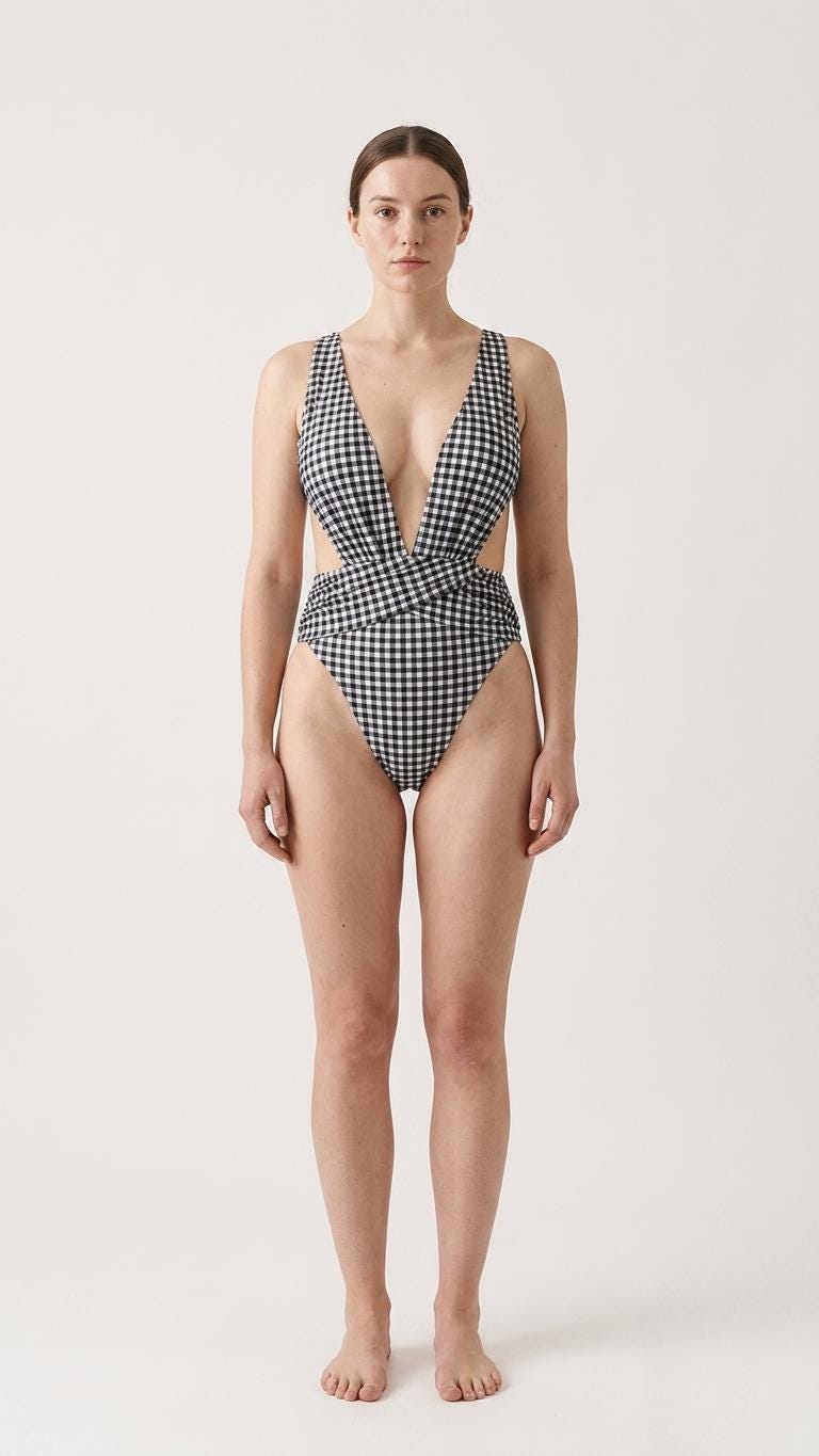 Black Gingham Deep Plunge Low Back Swimsuit – Crossover Back, Ruched Details