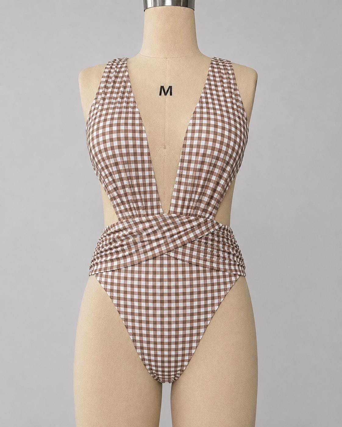 Brown Gingham Deep Plunge Low Back Swimsuit – Crossover Back, Ruched Details
