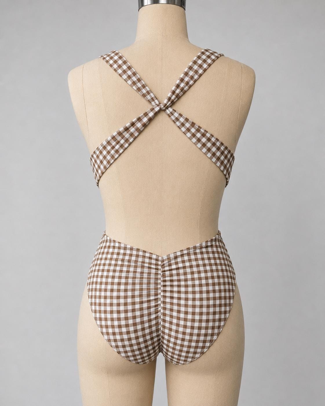 Brown Gingham Deep Plunge Low Back Swimsuit – Crossover Back, Ruched Details