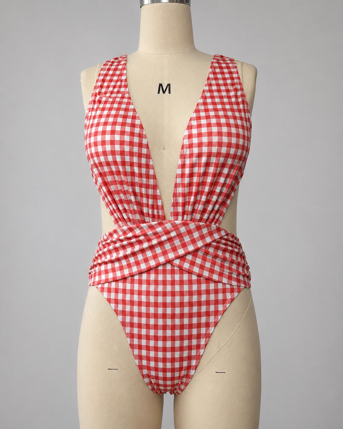 Red Gingham Deep Plunge Low Back Swimsuit – Crossover Back, Ruched Details