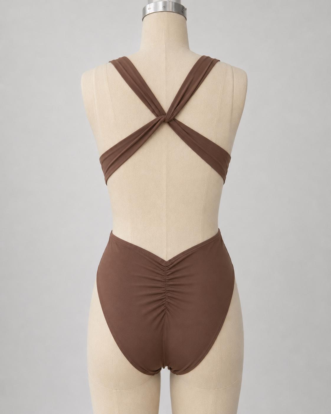 Brown Deep Plunge Low Back Swimsuit – Crossover Back, Ruched Details
