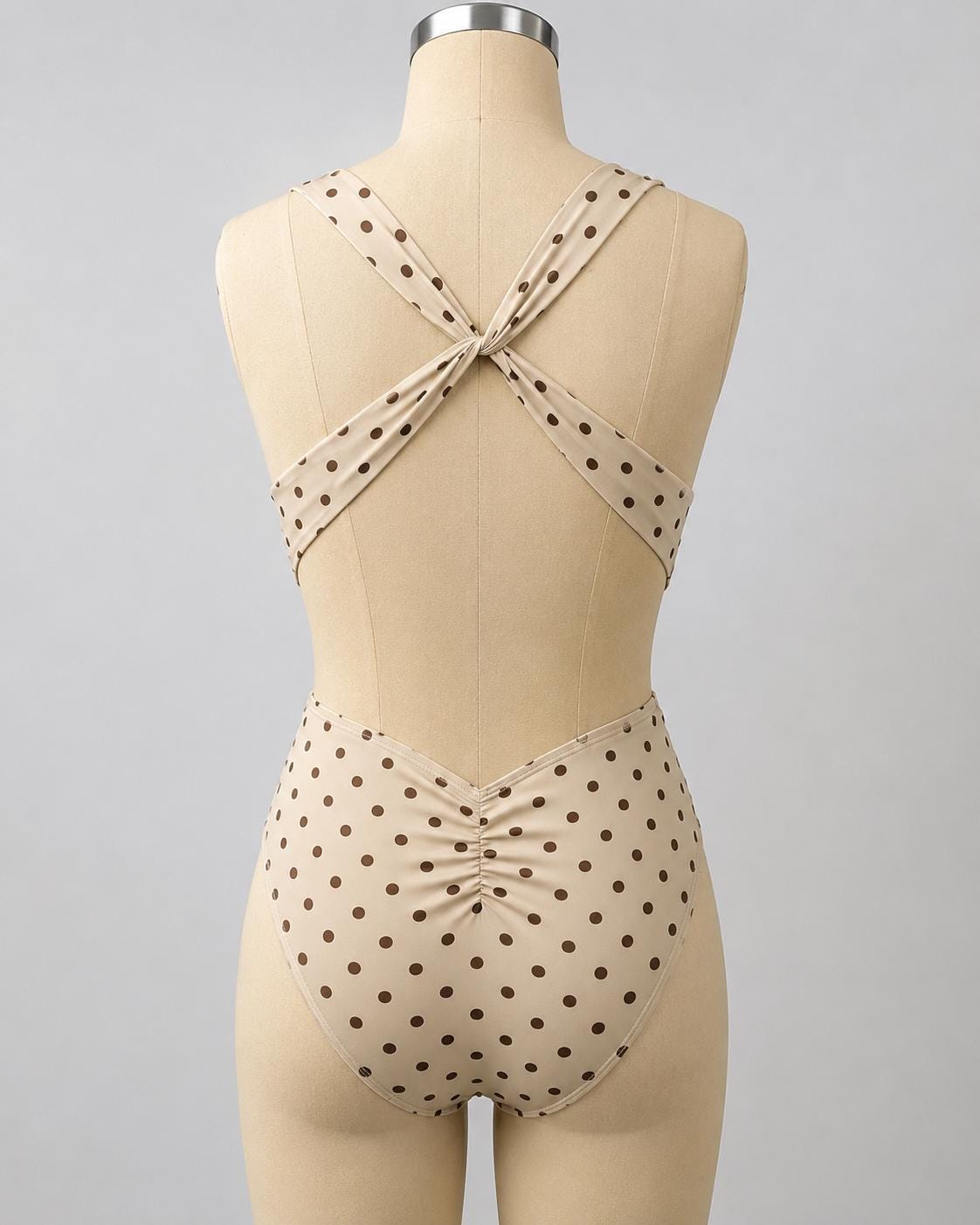 Beige / Cream Polka Dot Deep Plunge Low Back Swimsuit – Crossover Back, Ruched Details