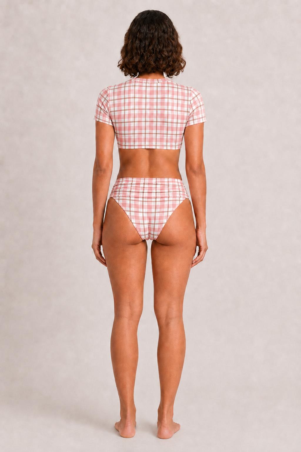 Swim Shirt Bikini with Ruched Detail | Crop-Top Rash-Guard Pink & Brown Plaid Swimsuit Set