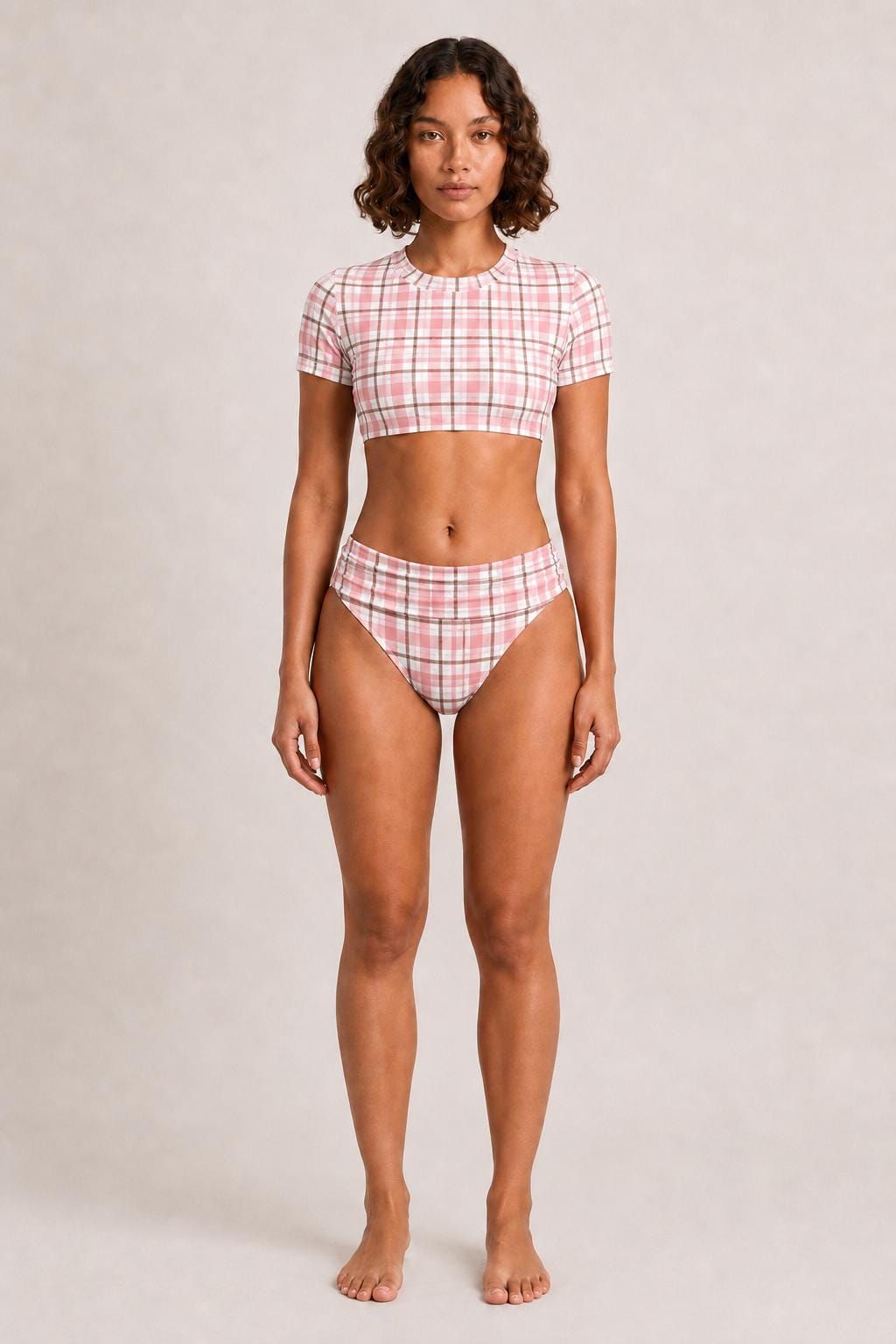 Swim Shirt Bikini with Ruched Detail | Crop-Top Rash-Guard Pink & Brown Plaid Swimsuit Set