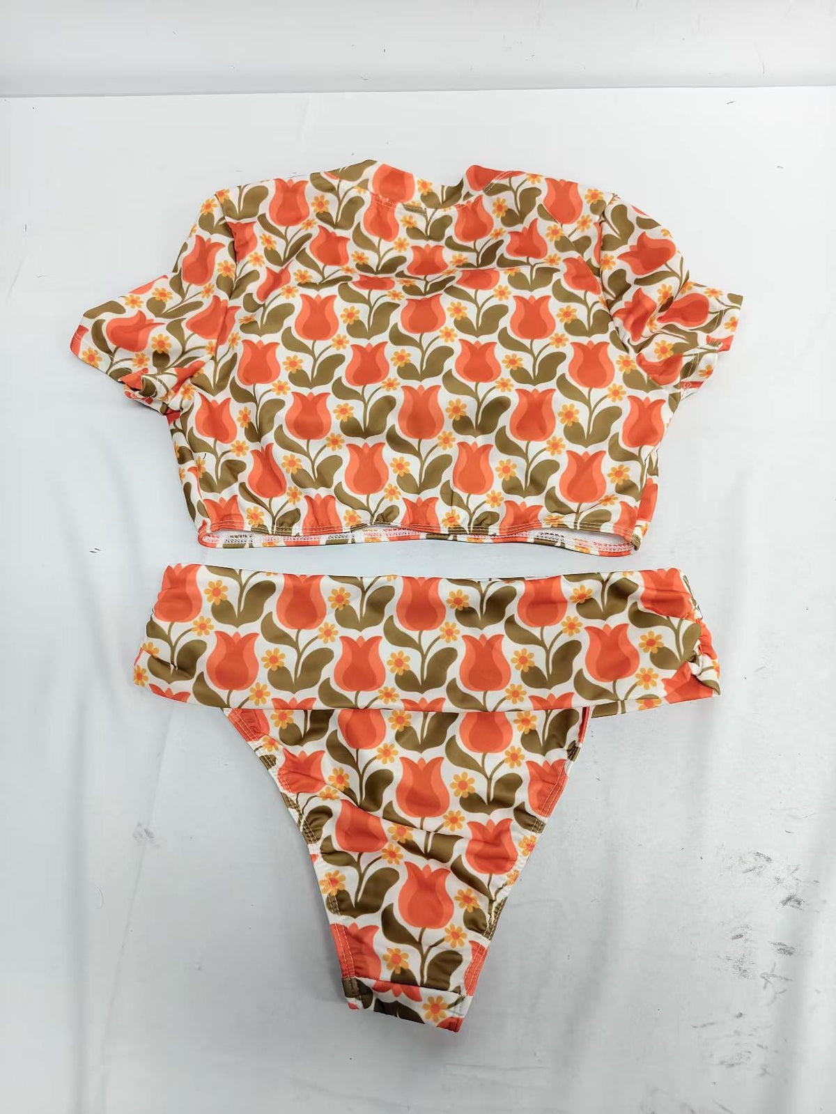 Swim Shirt Bikini with Ruched Detail | Crop-Top Rash-Guard Retro Florals Swimsuit Set