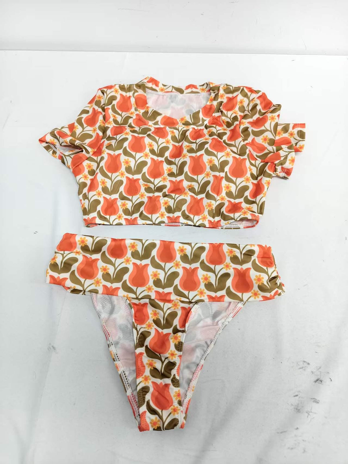 Swim Shirt Bikini with Ruched Detail | Crop-Top Rash-Guard Retro Florals Swimsuit Set
