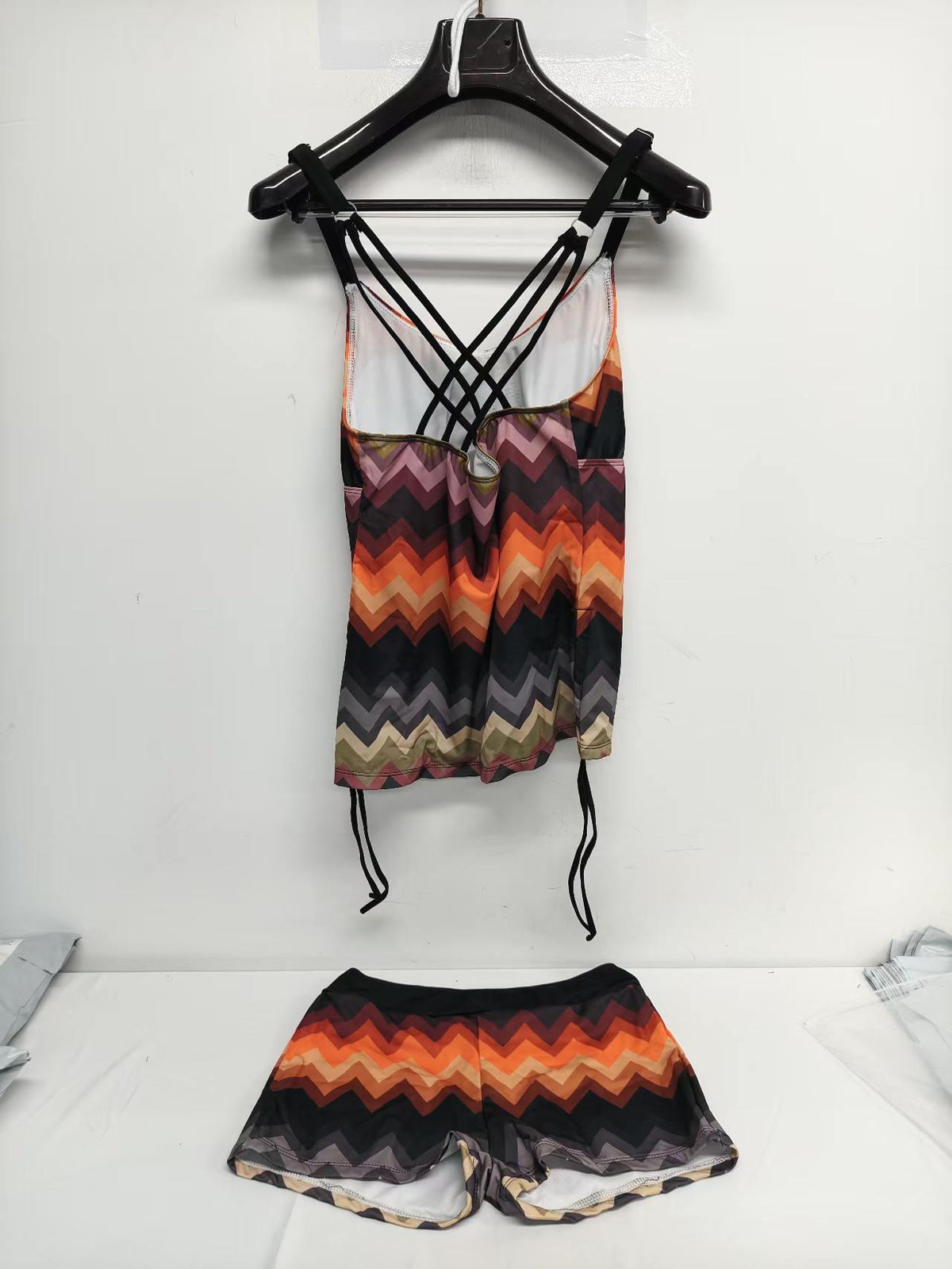Drawstring Tankini Two-Piece Swimsuit, Boy Short Bottoms, Retro 1970s Chevron with Browns