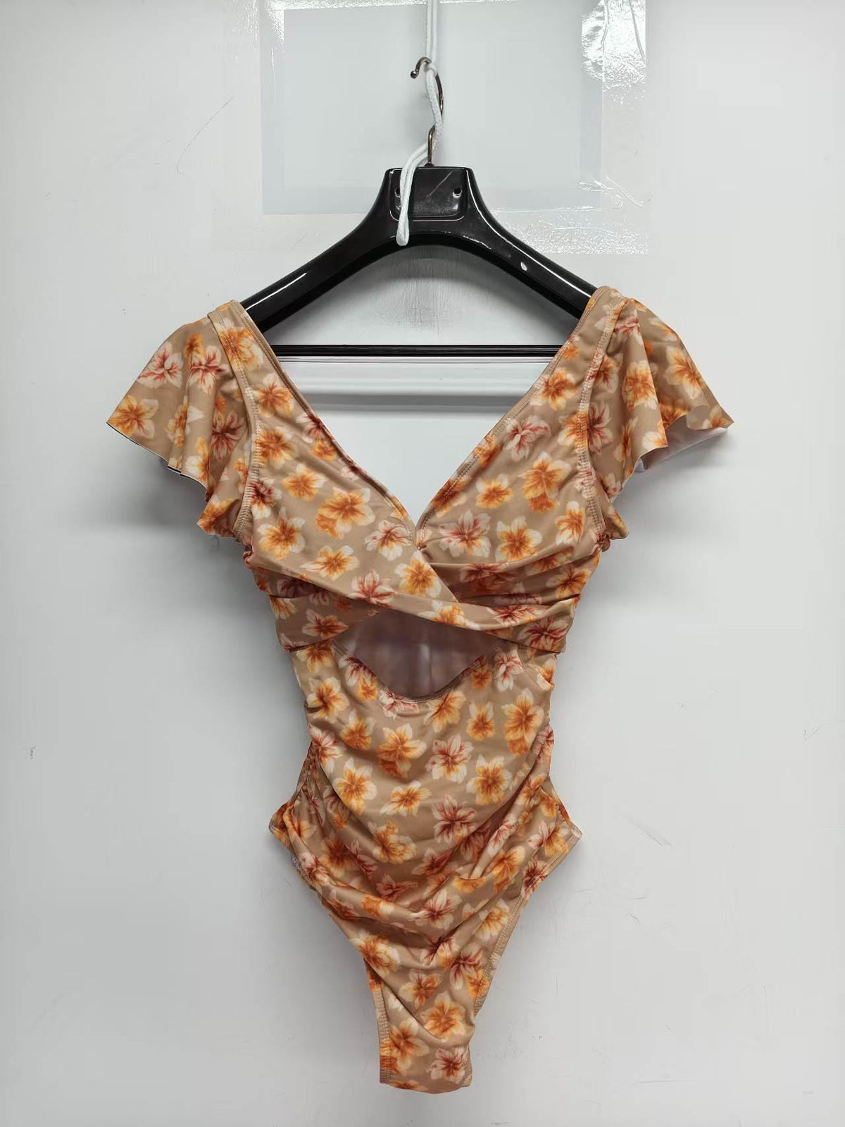 Coquette Romantic Vintage-Inspired Frill V-Neck Ruffle One-Piece Retro Swimsuit, Padding & Tummy Control, Mink Florals