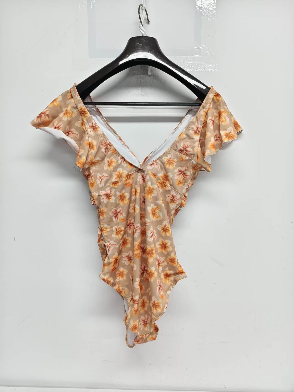 Coquette Romantic Vintage-Inspired Frill V-Neck Ruffle One-Piece Retro Swimsuit, Padding & Tummy Control, Mink Florals