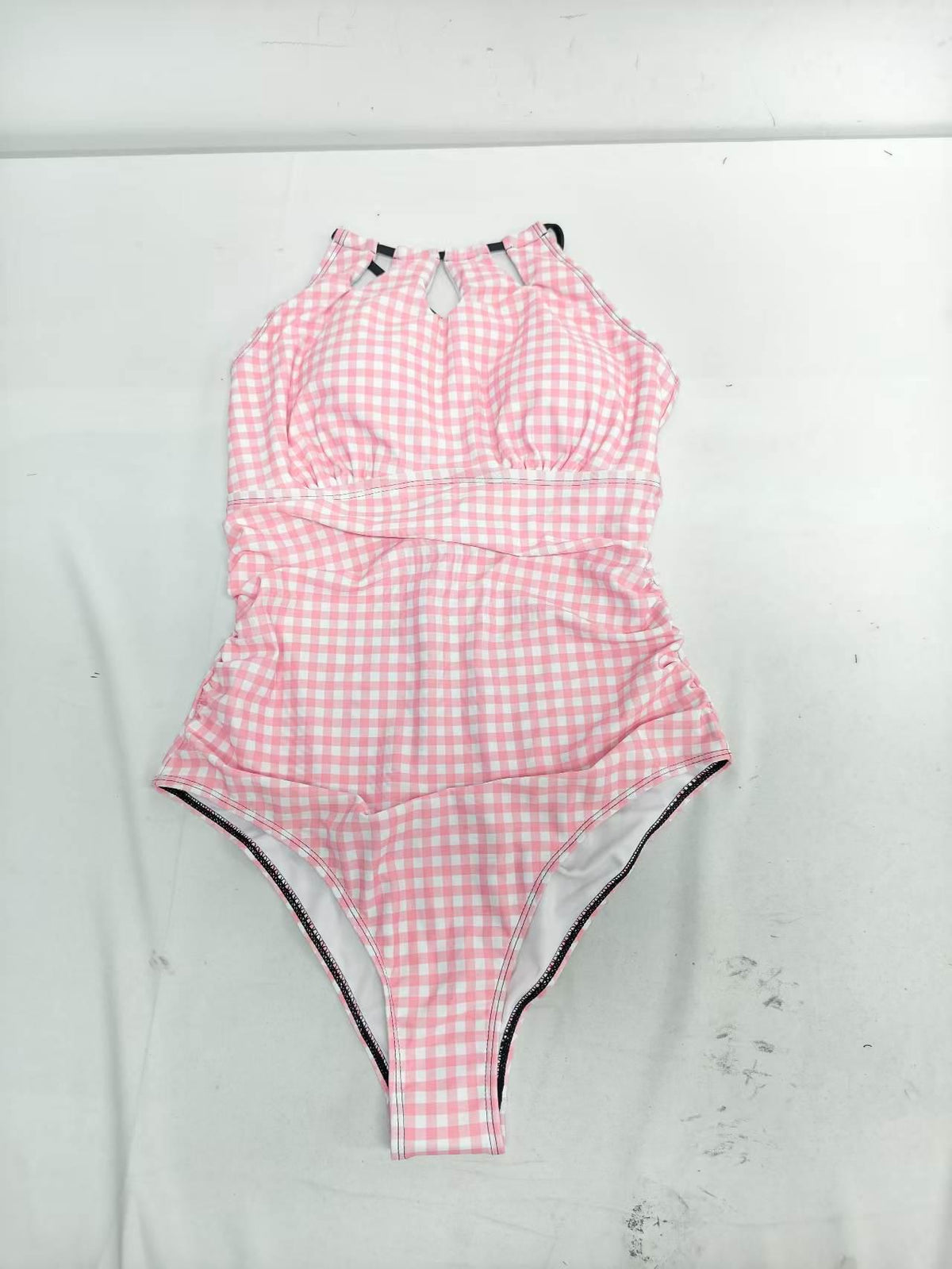 Halter Keyhole Cut-Out One-Piece Swimsuit, Lace-Up Back & Tummy Control, Retro Pink Gingham