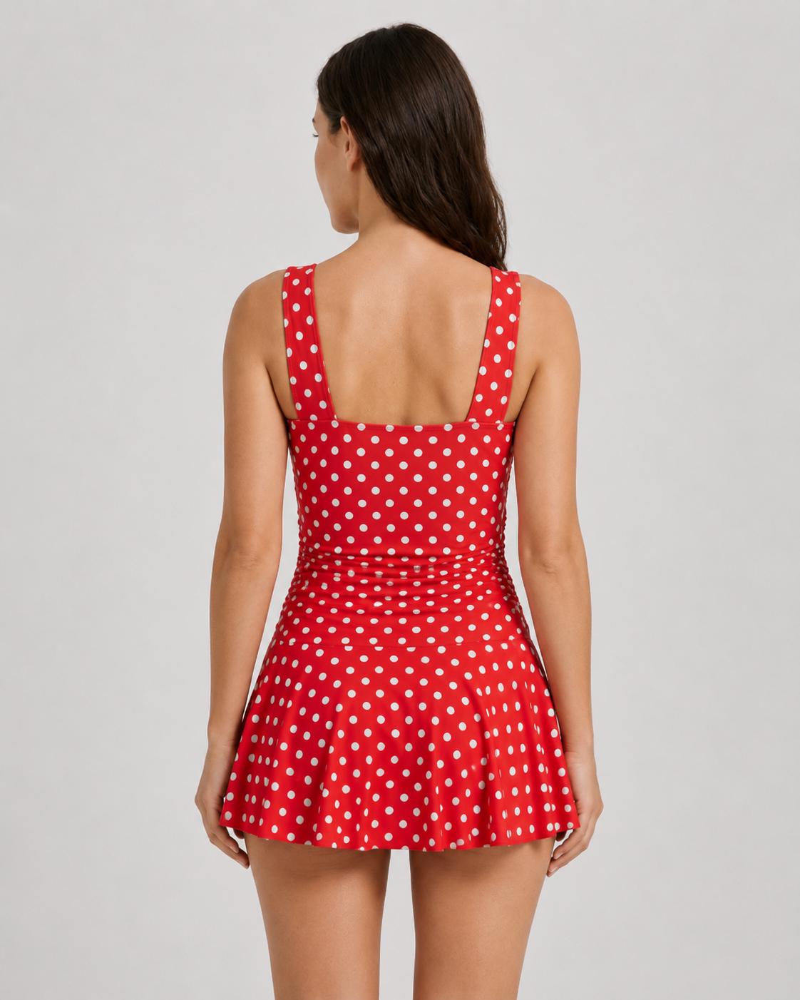 Retro Pleated Swim Dress with Matching Bottoms, Vintage-Inspired Modest Tankini, Red Polka-Dot