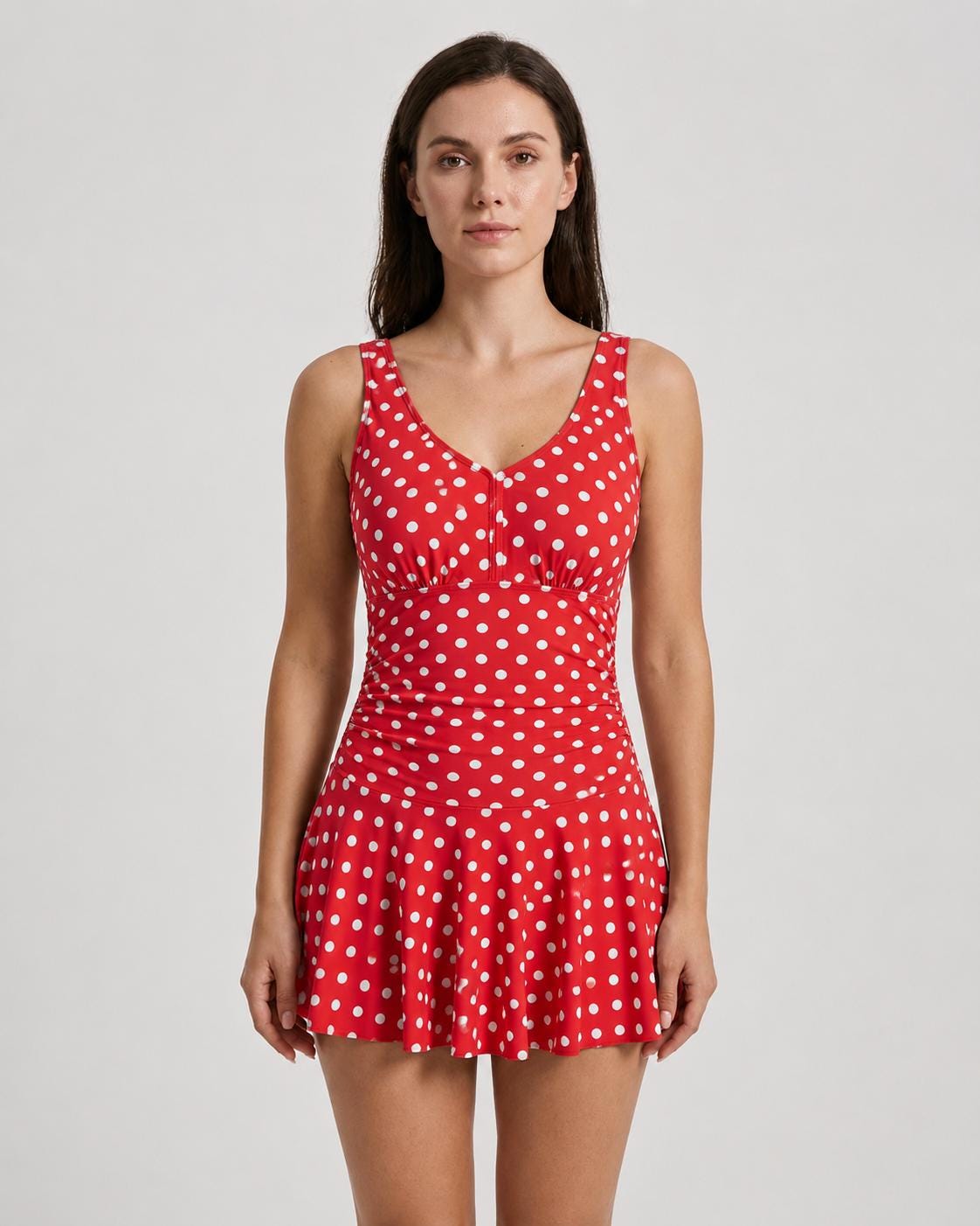 Retro Pleated Swim Dress with Matching Bottoms, Vintage-Inspired Modest Tankini, Red Polka-Dot