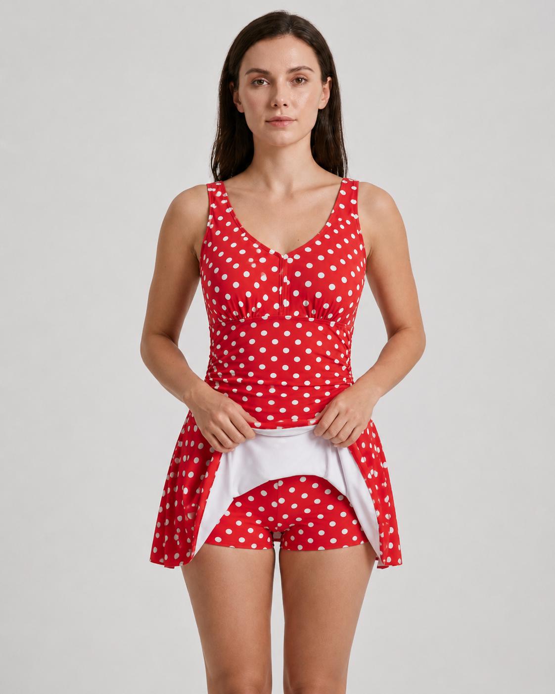 Retro Pleated Swim Dress with Matching Bottoms, Vintage-Inspired Modest Tankini, Red Polka-Dot