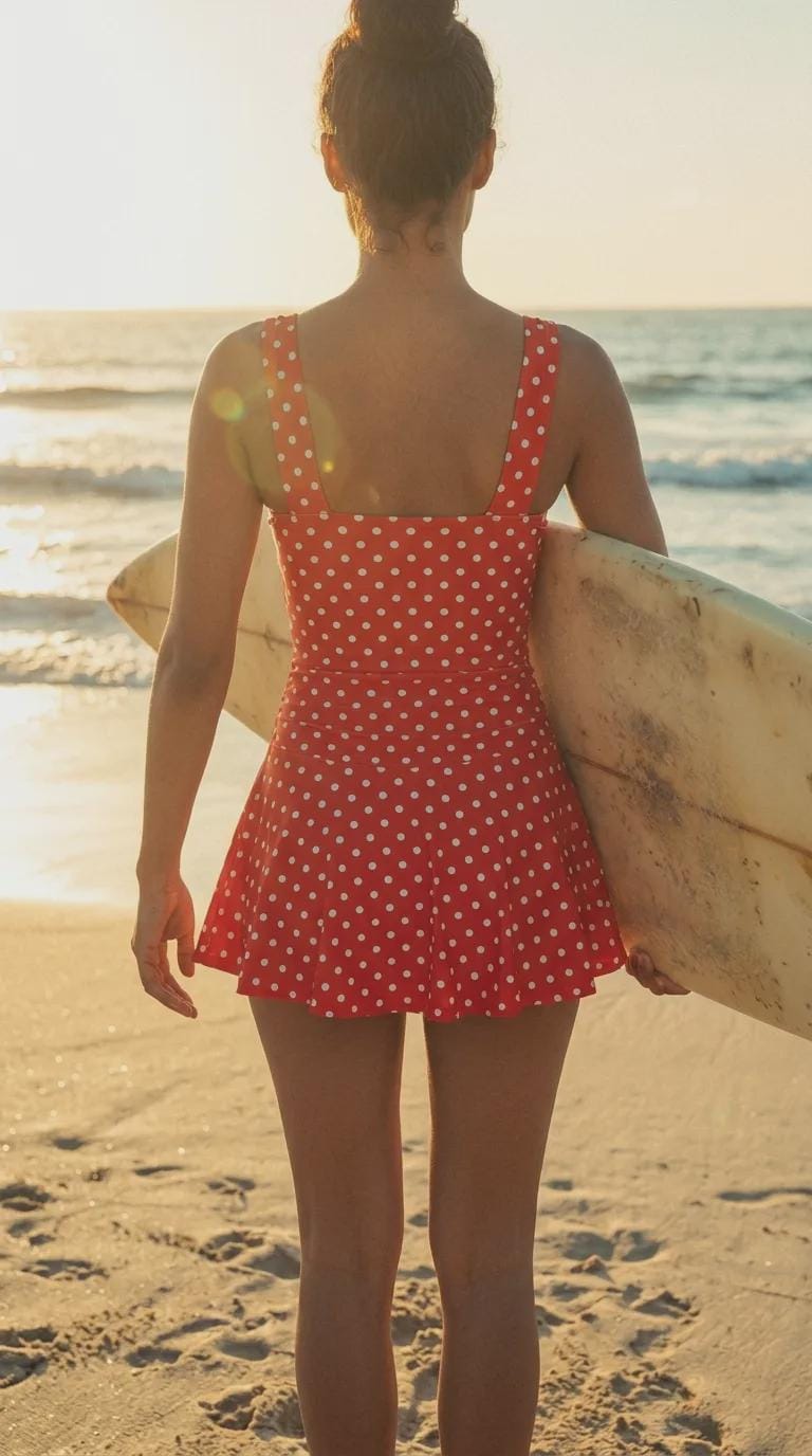 Retro Pleated Swim Dress with Matching Bottoms, Vintage-Inspired Modest Tankini, Red Polka-Dot