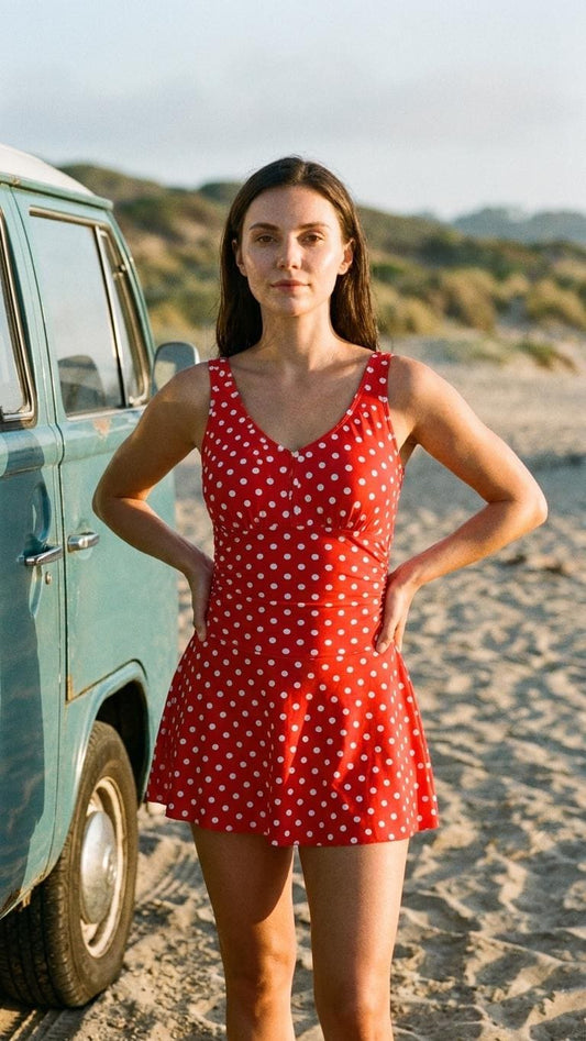 Retro Pleated Swim Dress with Matching Bottoms, Vintage-Inspired Modest Tankini, Red Polka-Dot