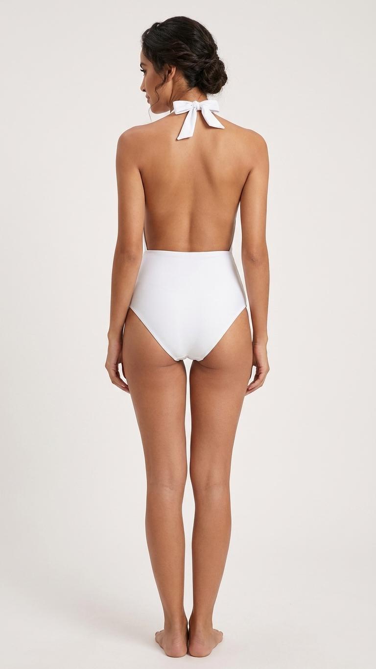 Monroe Retro Deep V Plunge Halter One-Piece Swimsuit - High-Waist Sexy Swimwear - White
