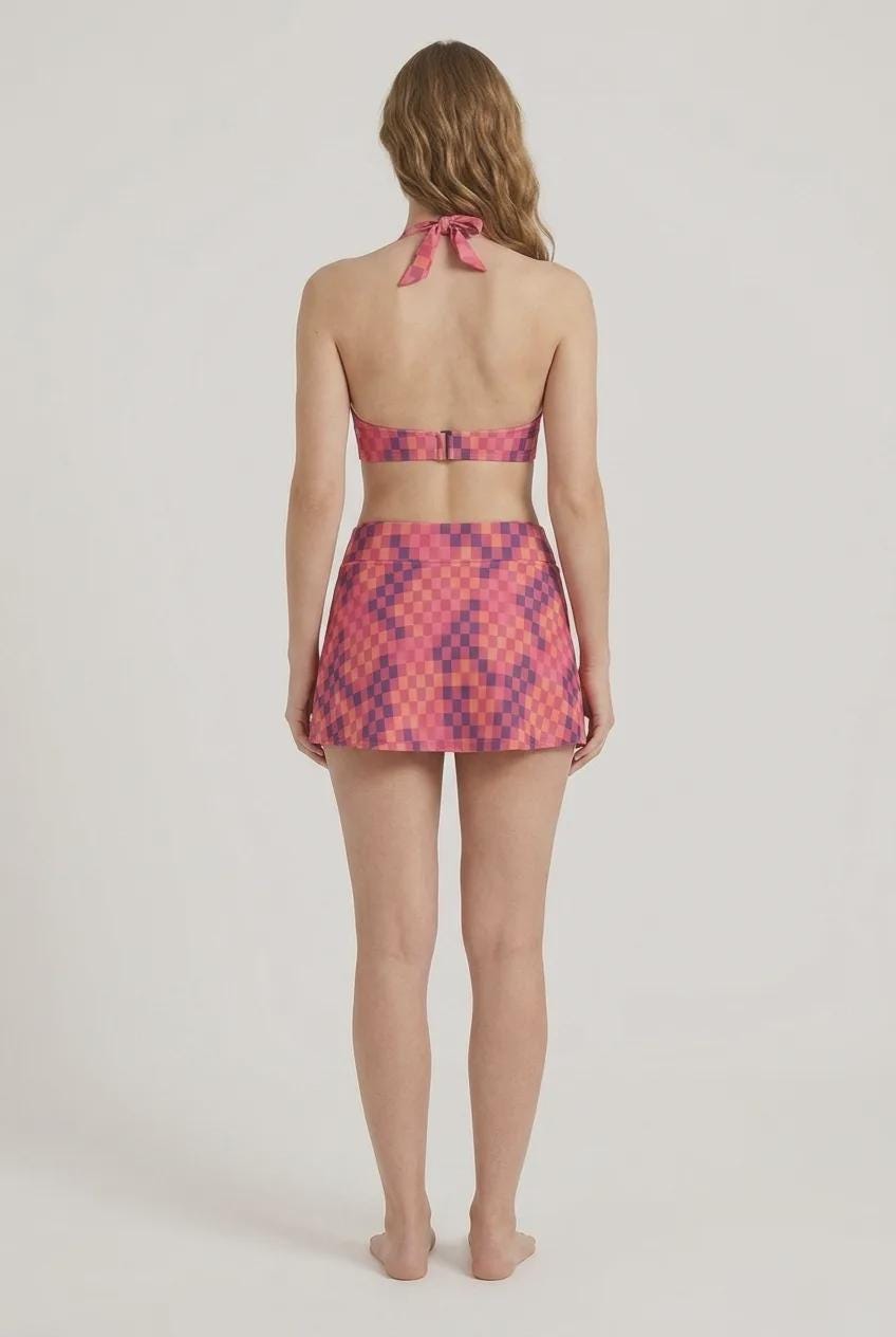 Pink Checker Retro Halter Tankini Skort Swim Set with Integrated Bottoms